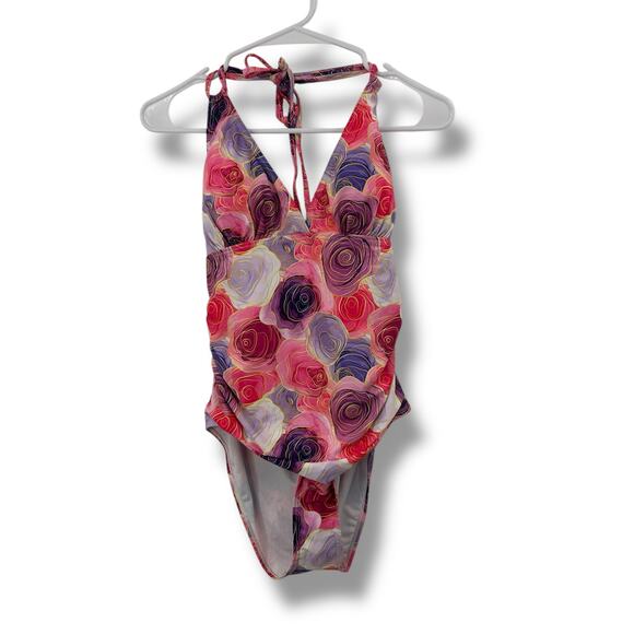 NWT Joan Vass Pink Rose Floral One Piece Swimsuit Size Medium Halter Ruched NEW - Picture 2 of 8